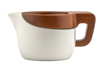 Creamy ceramic pitcher with wooden handle, modern design.