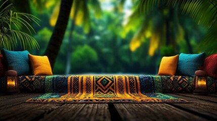 Colorful  tropical  outdoor  decorative  display  on  wooden  deck.