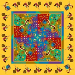 Delightful print for a tablecloth, scarf or carpet. Cute cartoon roosters, harvest, butterflies, ladybugs, maple leaves, flowers on a complex multicolor background in vector. Decorative frame.
