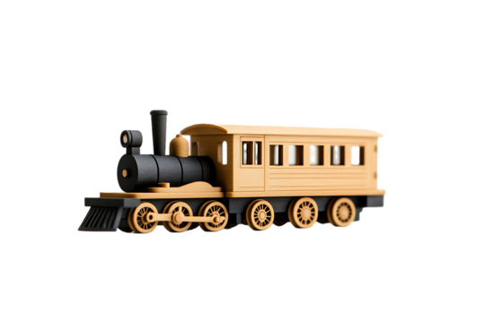 Wooden Toy Train: Tan Engine and Passenger Car on White Background