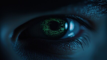 A close-up of a human eye with a glowing green, digital-like iris in a dark, futuristic setting.