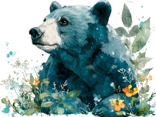 A majestic blue bear portrait artfully rendered in watercolor sits amidst a vibrant array of wildflowers and foliage.