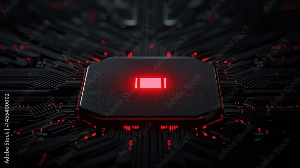 Poster a glowing red microchip is centered on a dark circuit board, symbolizing advanced technology and dig