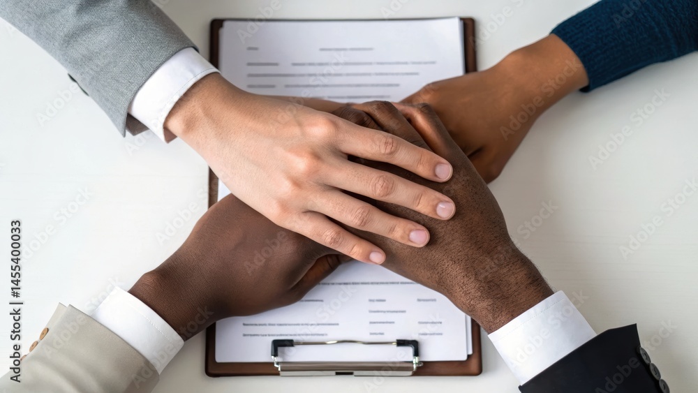 Poster three diverse hands resting on a clipboard symbolize teamwork and collaboration in a professional se