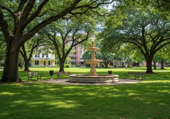 Obraz premium Park scene with fountain benches trees and buildings in the background view