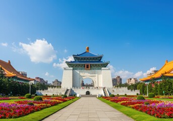 Fototapeta premium Chiang kai shek memorial hall with flower gardens and clear blue sky in taipei