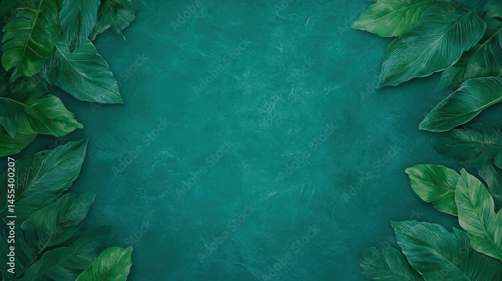 Poster green tropical leaves border a textured teal background, creating a fresh and natural frame with emp
