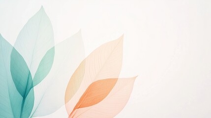 Fototapeta premium Delicate, translucent leaves in pastel shades create a minimalist, elegant botanical composition on a light background.