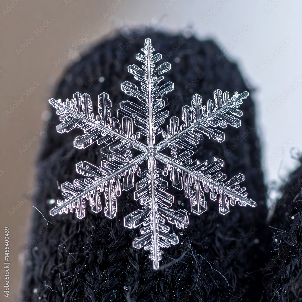 Poster detailed macro shot of a delicate snowflake resting on a textured dark mitten. captures the beauty o