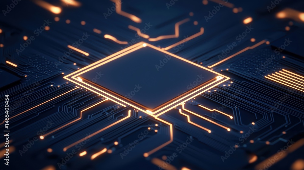 Poster a close-up of a glowing computer microchip on a dark, circuit-lined motherboard.