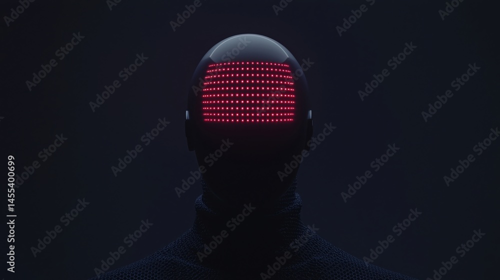 Poster futuristic humanoid figure with a helmet displaying red led lights on a dark background.