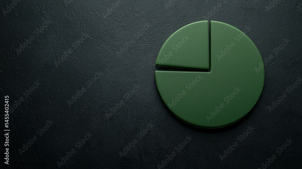 Poster a green pie chart with a single slice separated, placed on a dark textured background.