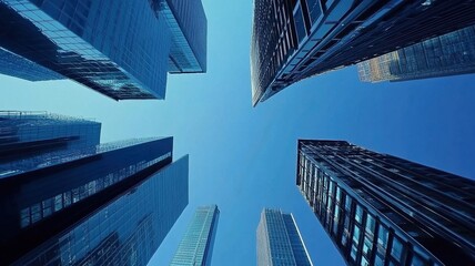 Contemporary urban skyscraper cluster with glass facades viewed from low angle perspective,