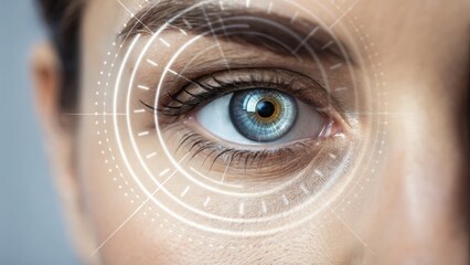 Close-up of a human eye with a futuristic digital overlay, showcasing elements of technology and biometric scanning.