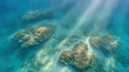 Obraz premium Underwater scene of coral formations illuminated by sunlight.