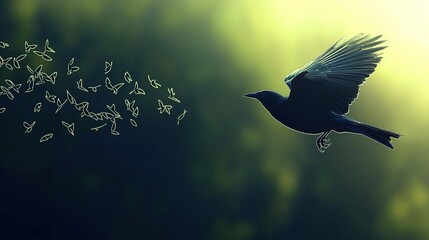 A soaring bird against a backdrop of soft light and abstract shapes.