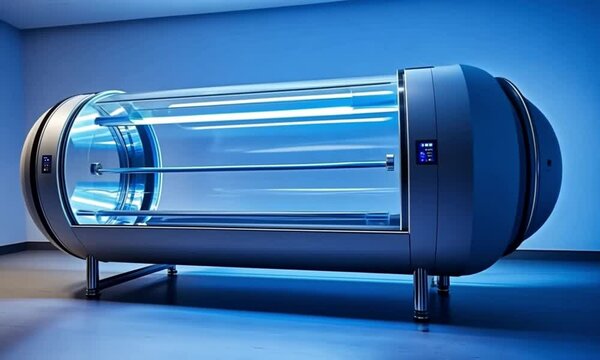 A sleek, contemporary hyperbaric oxygen chamber rests in solitude, bathed in soft blue light, with a transparent acrylic design.