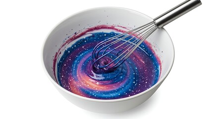Whisk stirring a galaxy swirl inside a bowl, isolated on white background
