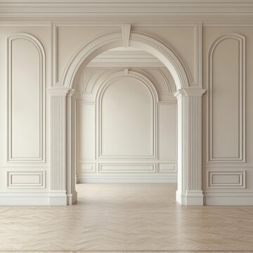 Elegant, empty interior architectural design with arched entryway.