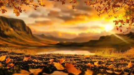 Autumnal landscape at sunset, showcasing a serene lake.