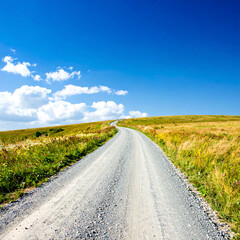 Serene gravel road leads to a distant horizon under a vibrant blue sky. Ideal for travel, adventure, or personal growth concepts. Nature meets possibility.
