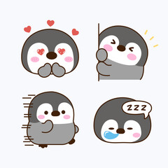 Vector cartoon illustration of penguin sticker set Concept Isolated Flat