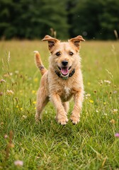 Dog Running in Grass Field