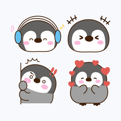 Vector cartoon illustration of penguin sticker set Concept Isolated Flat