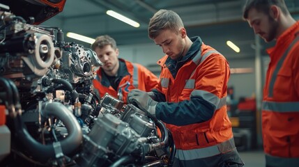 Fleet maintenance workers inspecting a vehicle engine in a workshop.