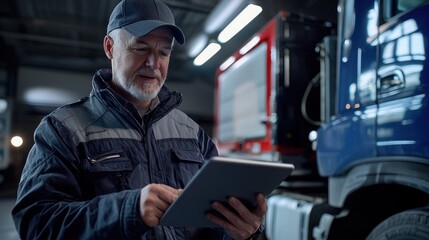 A fleet manager reviewing data on a tablet while a vehicle is being repaired.