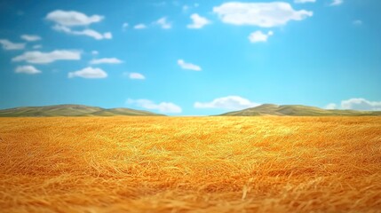 Golden field stretching to a backdrop of hills under a vibrant sky.