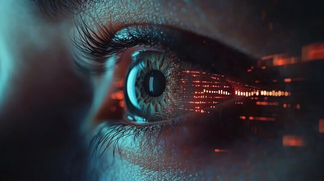 Futuristic eye interface with data points and scanning animation.