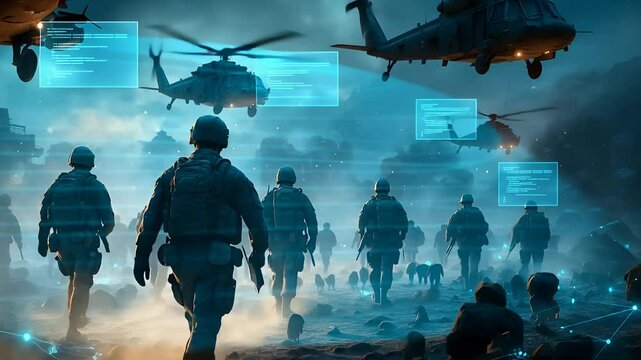 Modern Military Operation with Digital Warfare Technology and Tactical Battlefield Intelligence Interface

