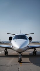 A pristine white private jet sits on the tarmac ready for flight against a clear blue sky promising luxury travel and efficient transportation to distant destinations.