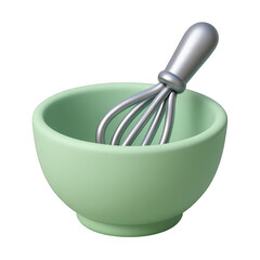 Pastel green mixing bowl holding a silver whisk, a clean graphic illustration of baking tools.