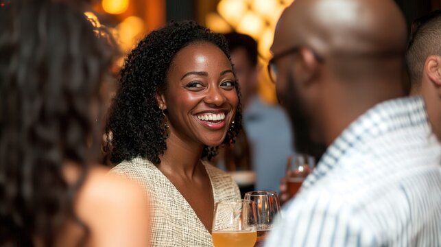 People mingling and laughing at a social gathering with drinks and appetizers.