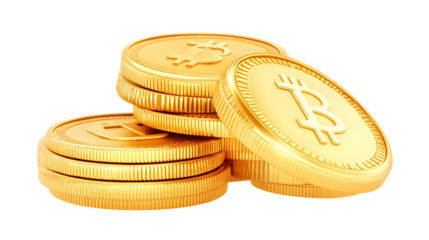 Gold Bitcoin Coins Stacked Illustration on Transparent Background