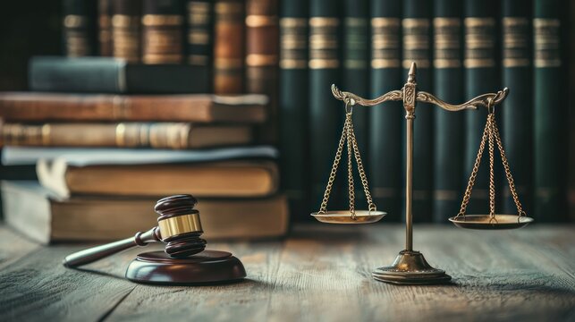 Scales of justice with a gavel and law books in the background.
