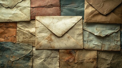 Close-up of old, worn-out envelopes with a rustic appearance.
