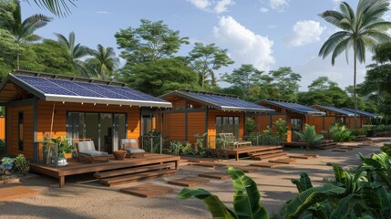 Obraz premium Vibrant Eco-Friendly Cabins Surrounded by Lush Tropical Landscape