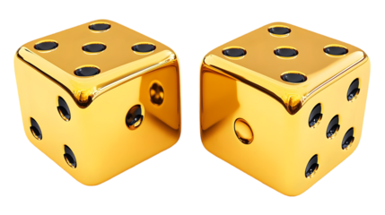 Gold Dice Pair Isolated on Transparent Background Illustrative 3D Render