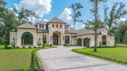 Elegant Modern House with Stone Facade and Lush Green Landscape