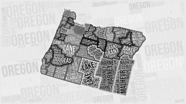 Oregon animation. Visual effect of Oregon counties appearing in black and white word clouds style. State intro video. Artistic animated motion graphics.