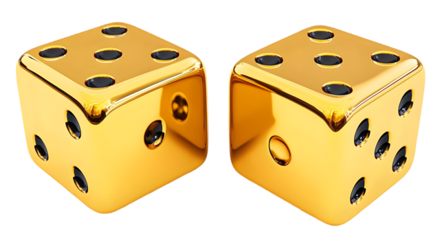 Gold Dice Pair Isolated on Transparent Background Illustrative 3D Render