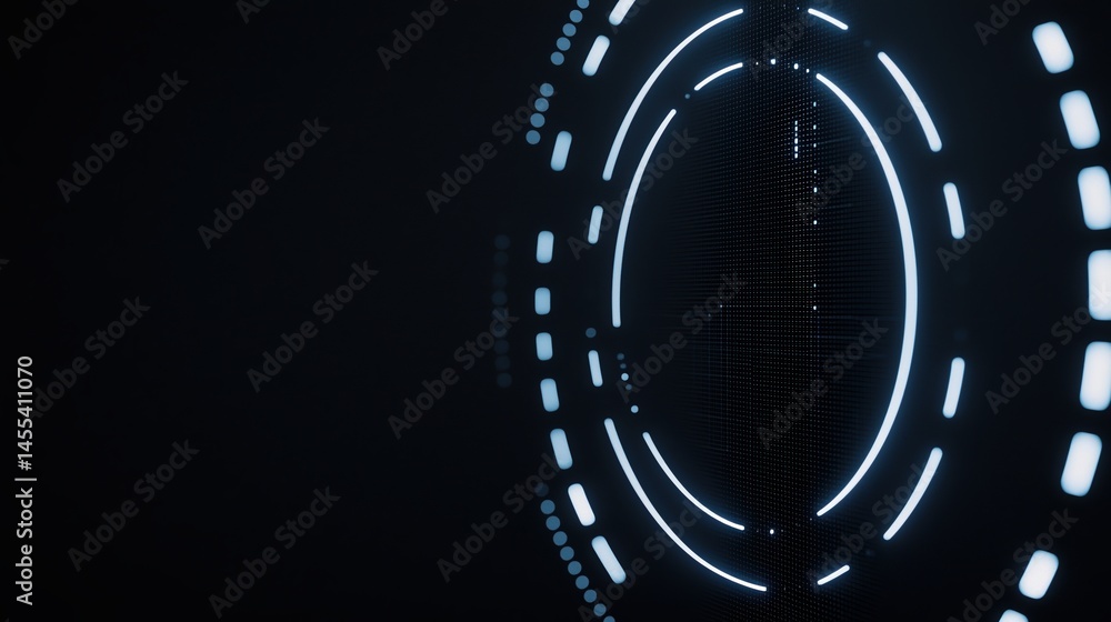 Poster a glowing futuristic circular interface with illuminated blue and white elements on a dark backgroun