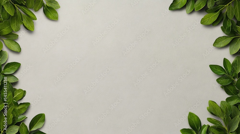 Poster green leaves frame a plain, light background, creating a natural border with empty space in the cent