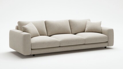 Modern beige sofa with three seats against a plain background.