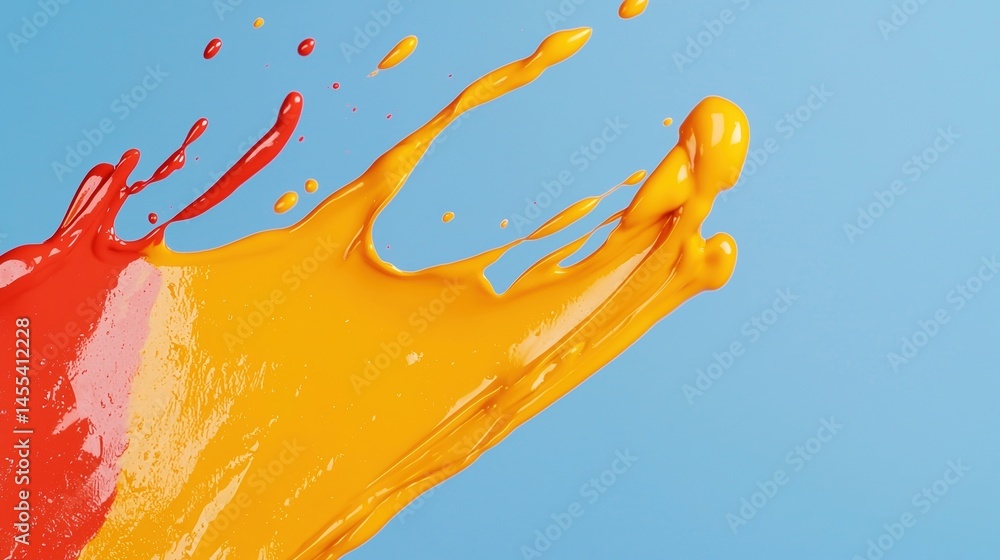 Poster bright red and yellow paint splashes dynamically across a light blue background, creating a vibrant 