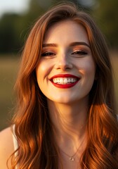 Fototapeta premium Smiling Woman Portrait with Red Lipstick and Red Hair