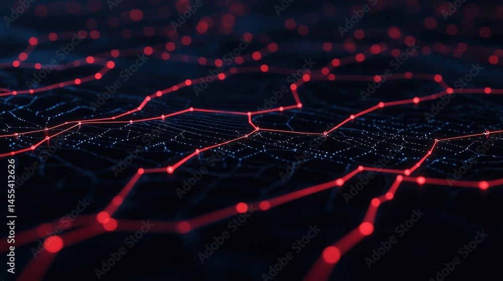 Poster a glowing network of red and blue nodes connected by lines, representing digital connections or data